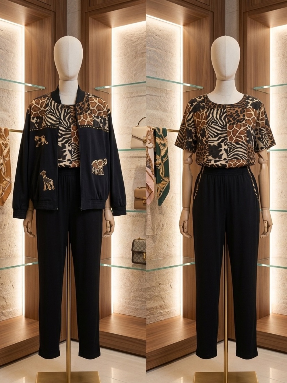 Animal-Print Short Sleeve Top & Black Straight-Leg Pants Set